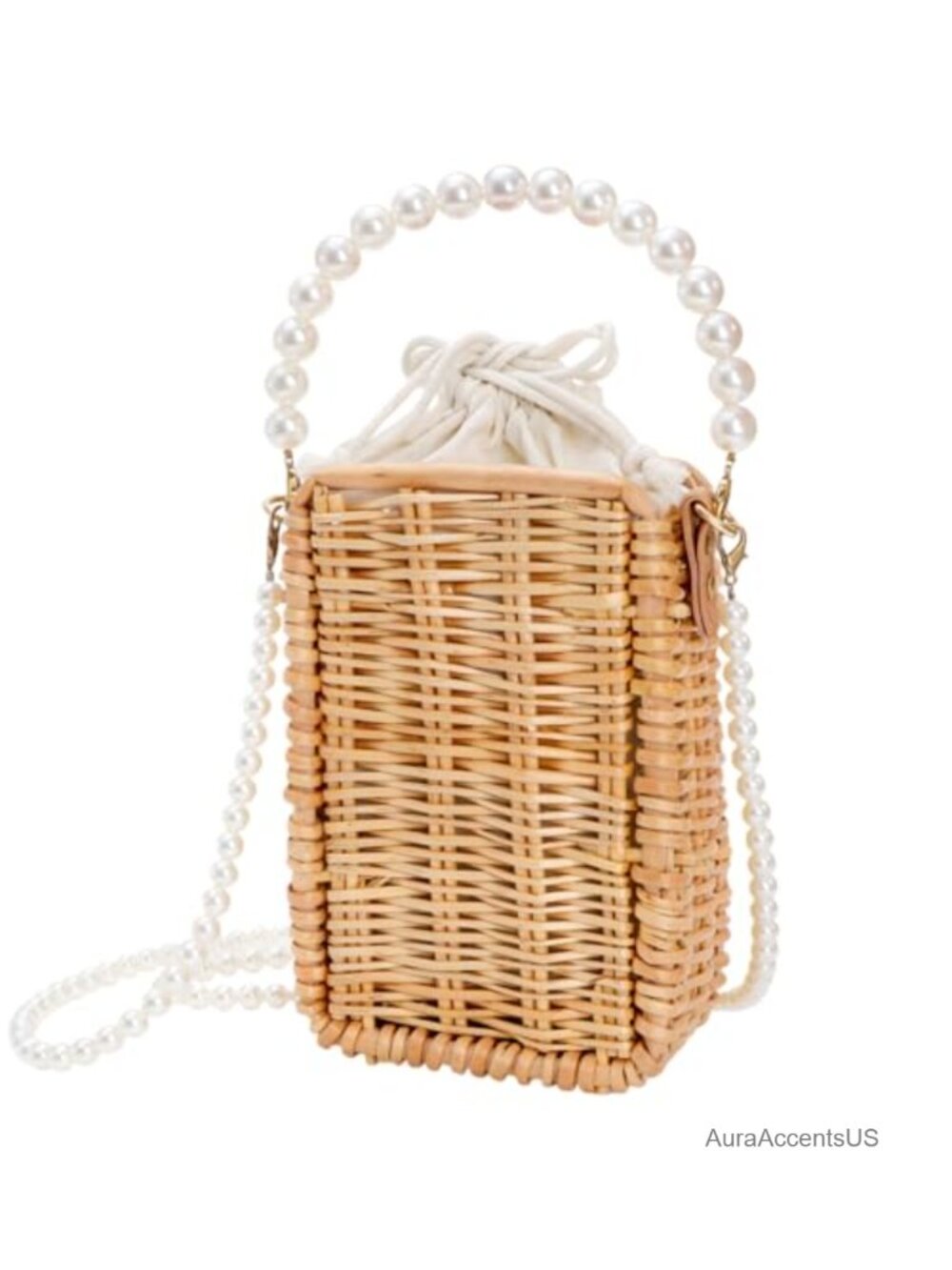 Handwoven Rattan Wicker Pearl Basket Purse Beach Bag, Rectangular Straw Tote